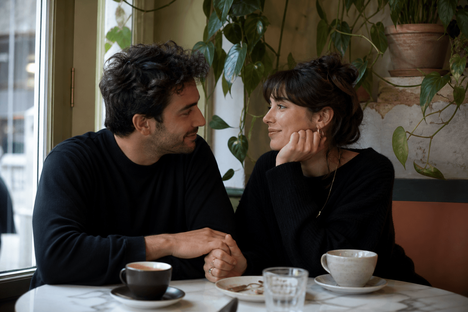 A couple holding hands at a cafe table.
