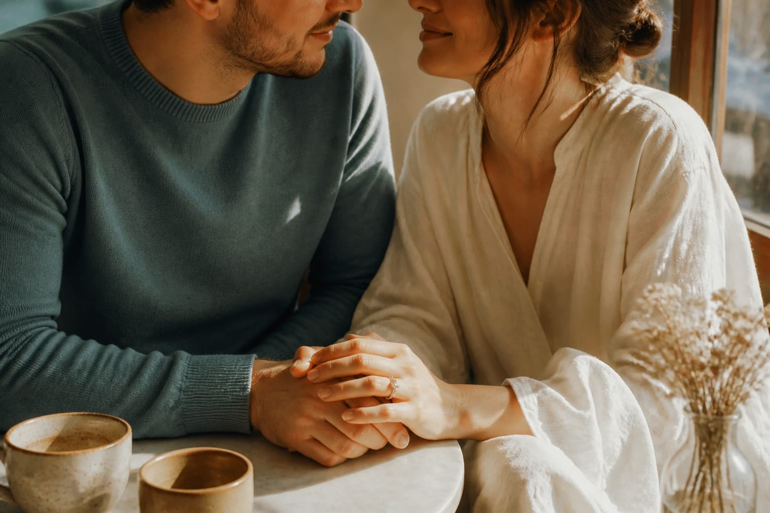 A couple holding hands at a cafe table.
